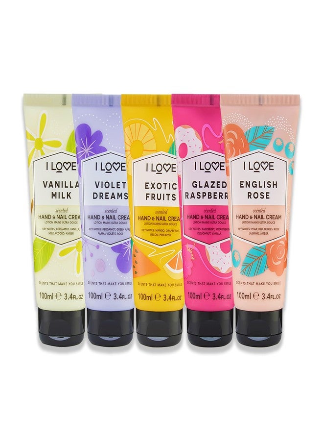I Love Cosmetics Hand and Nail Cream Bundle - Glazed Raspberry, Violet Dreams, English Rose, Vanilla Milk, and Exotic Fruit Hand Cream - 5 pc - Image 1
